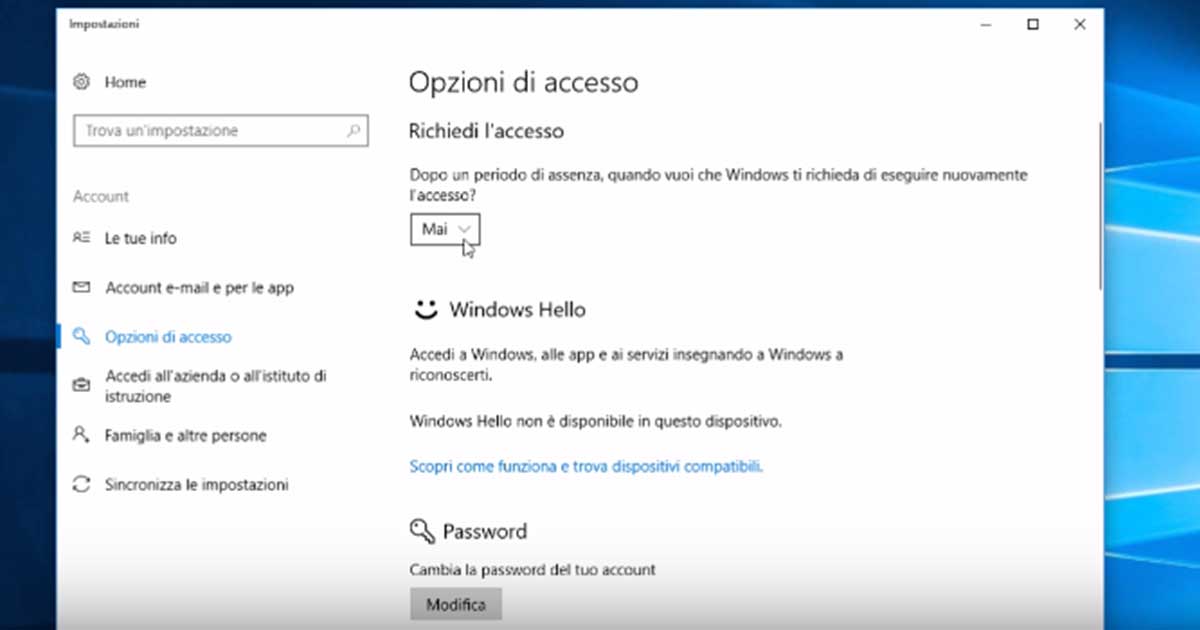 Rimuovere password dopo Stand by