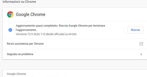 Aggiornare browser Google Chrome.