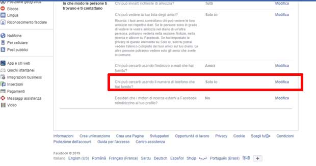 Nascondere numero ricerca facebook