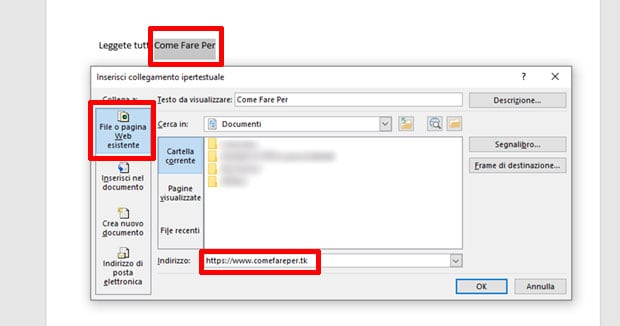 Collegamento ipertestuale word.