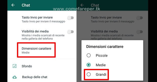 Ingrandire caratteri whatsapp.