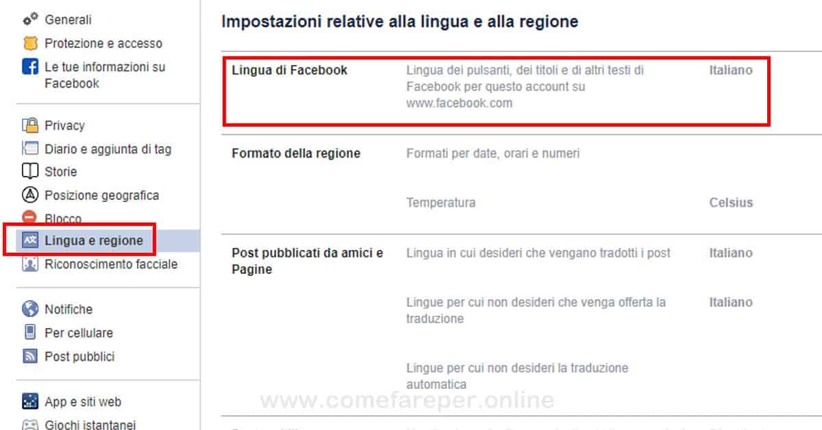 Cambiare lingua facebook Pc