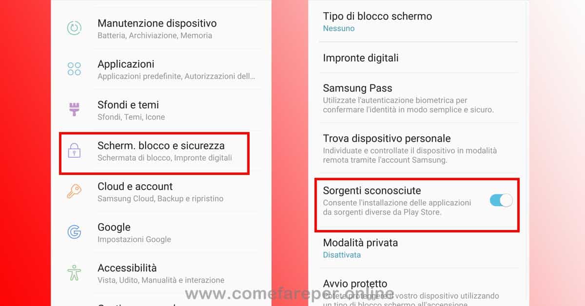 Installare App da fonti sconosciute su Android.