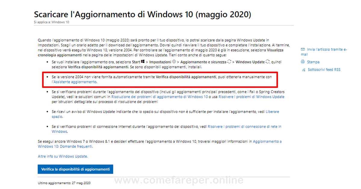 Aggiornare manualmente Windows