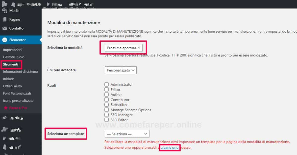 Sito in manutenzione con Elementor