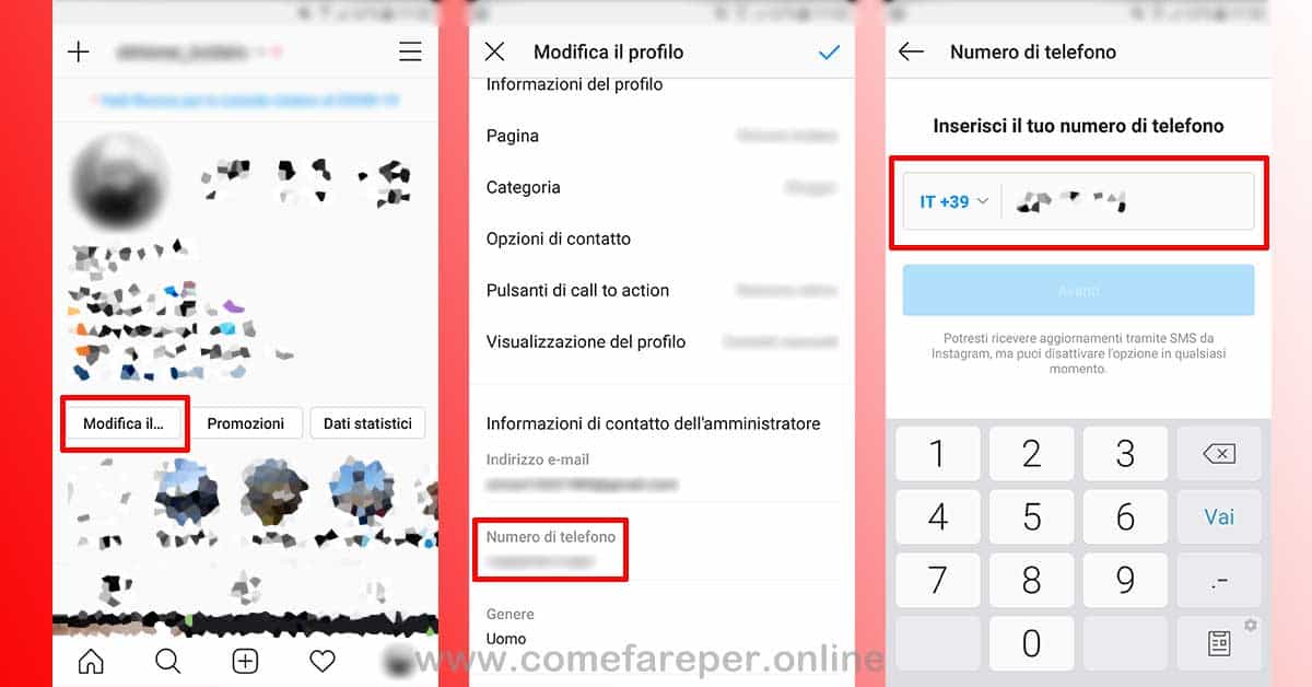 Sostituire vecchio numero cellulare intsgaram
