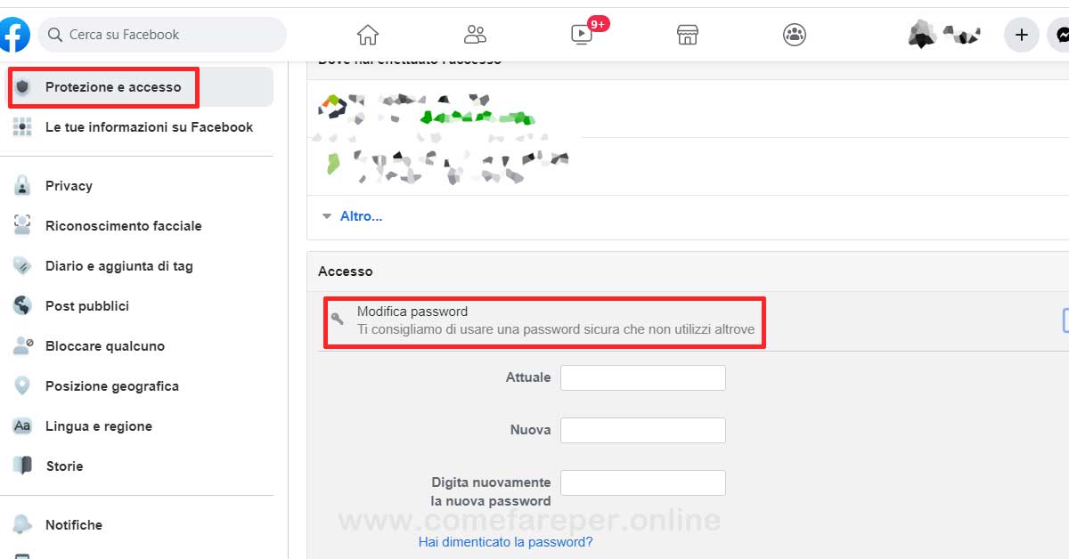 Cambiare password facebook