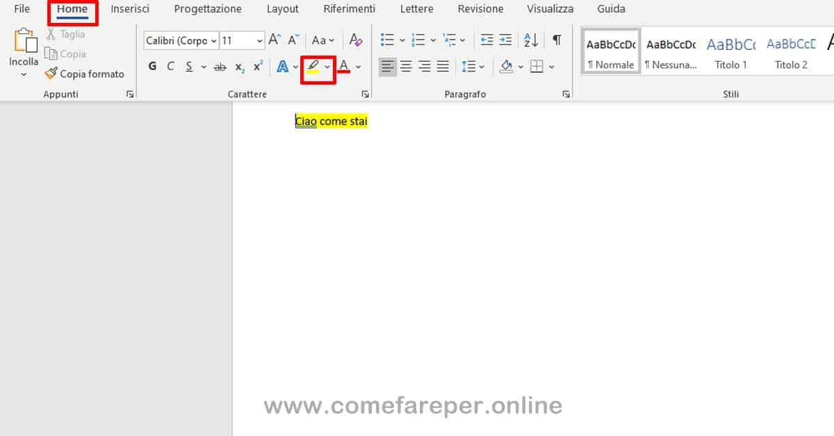 Evidenziare il testo in giallo con Word