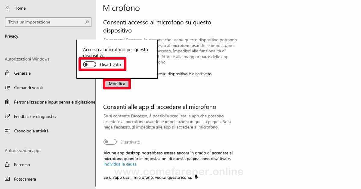 Come disattivare il microfono con Windows 10.