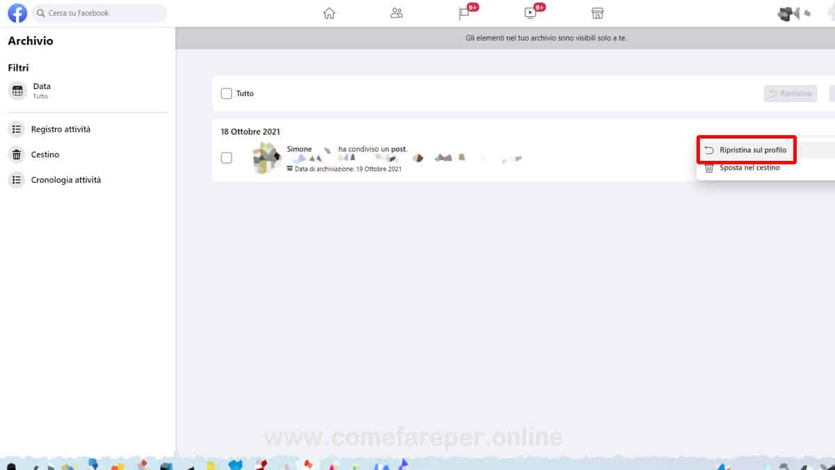 come ripristinare post archiviati su facebook