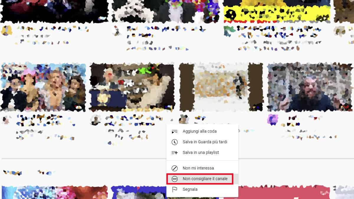 gestire Feed consigliati youtube