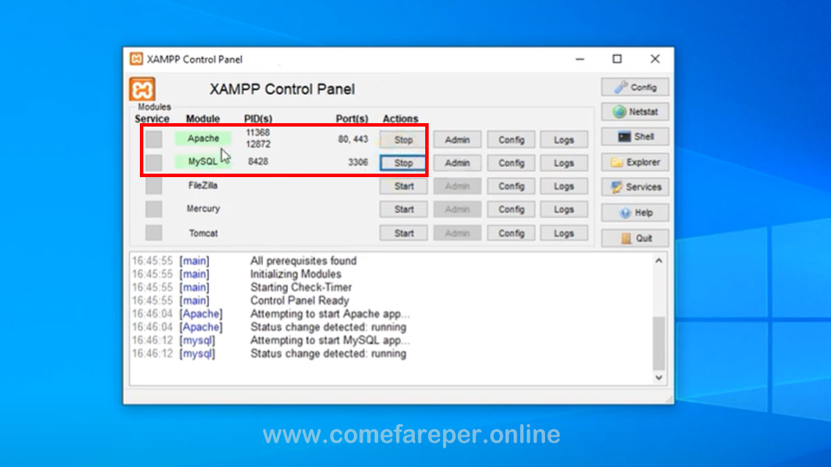 attivare moduli apache e mysql in xampp su windows.
