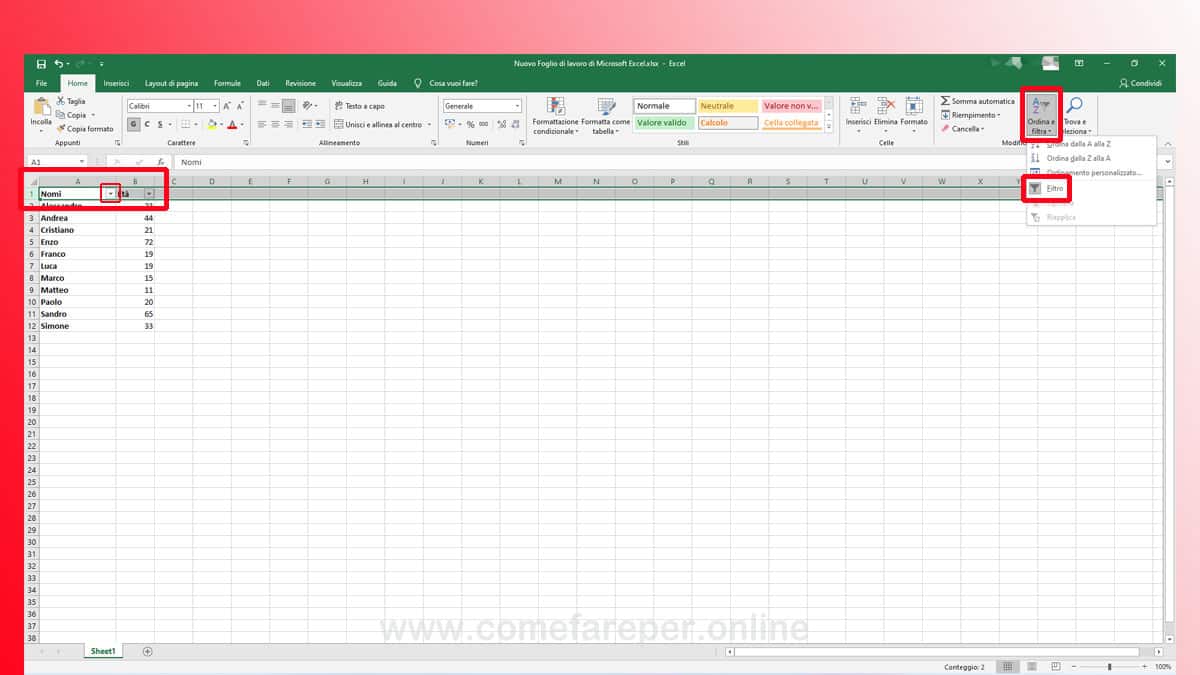 Ordinamento alfabetico con filtri Excel.