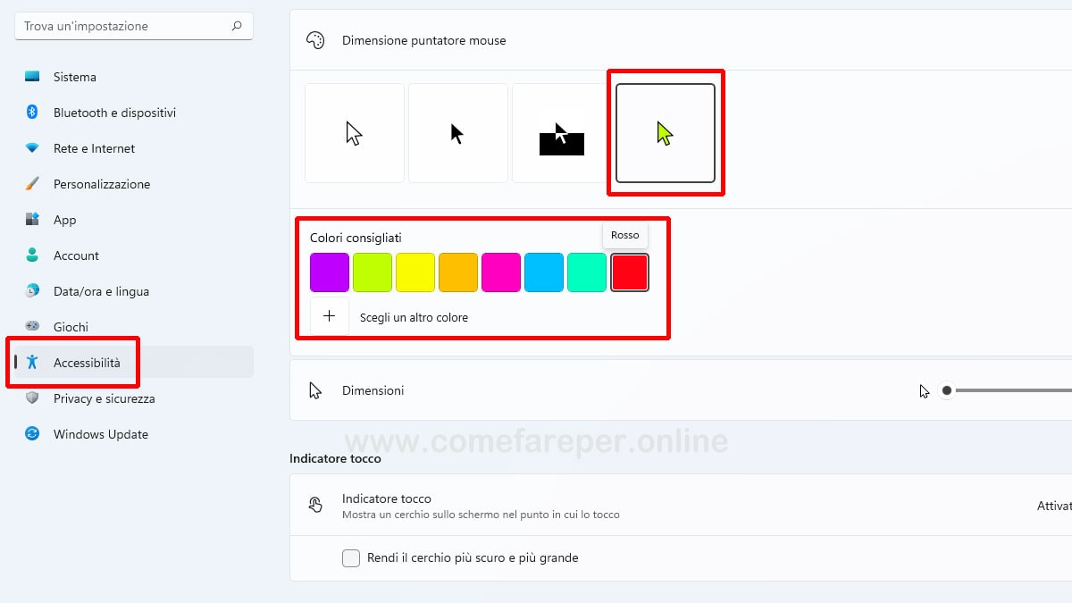 Come cambiare il colore del Puntatore del Mouse su Windows 11.