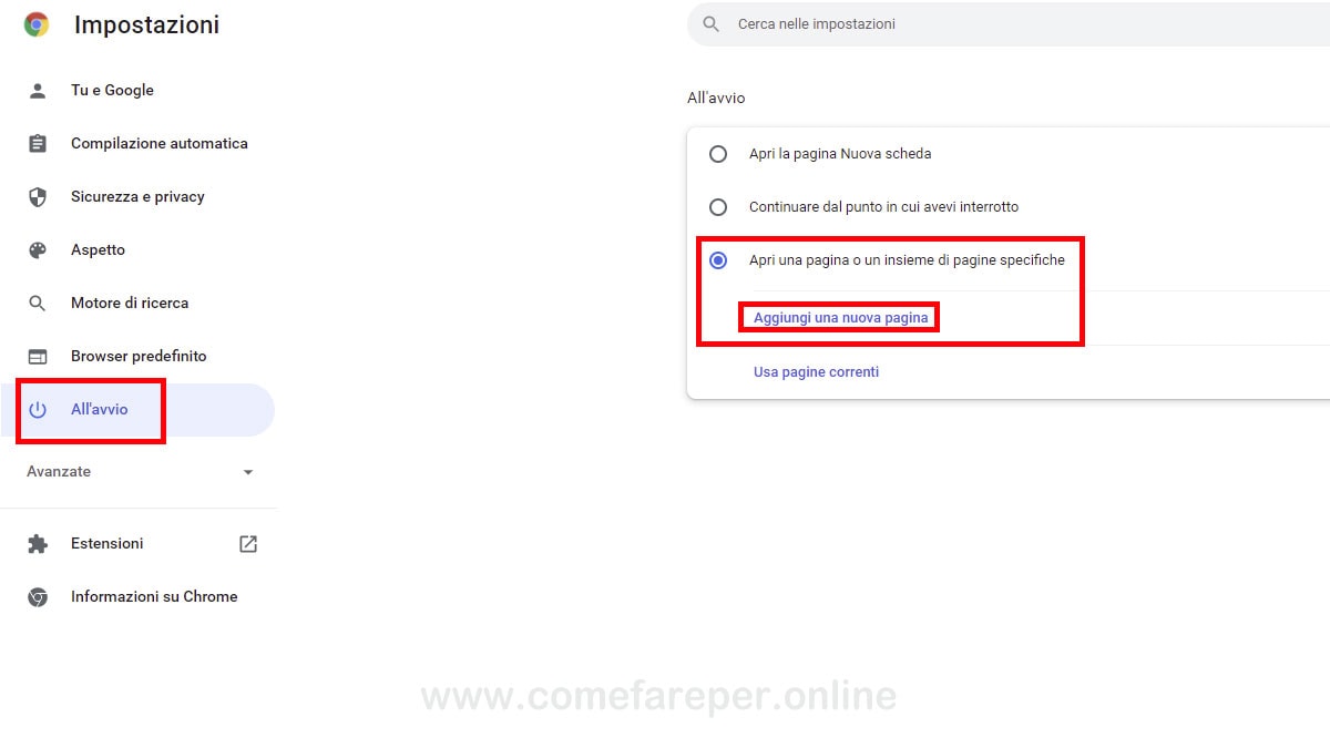 Come impostare Homepage in Google Chrome.