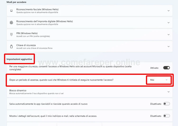 Come disattivare la password di riattivazione di Windows 11.