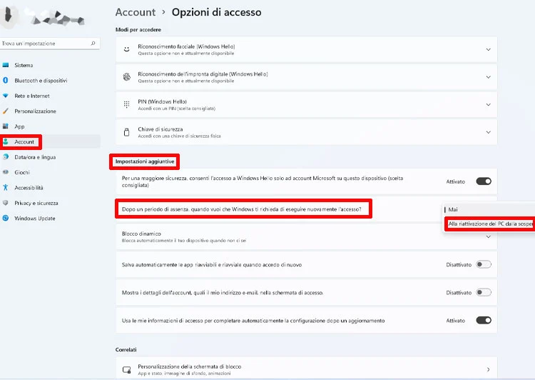 Come richiedere Password dopo la sospensione di Windows 11.