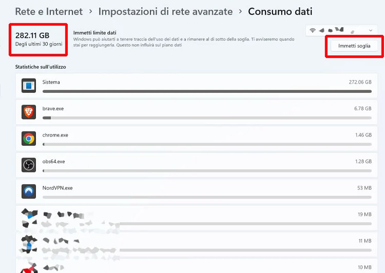 Come vedere il consumo traffico Internet su Windows 11.