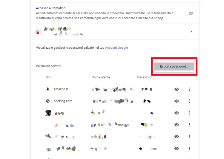 Come esportare Password salvate su Chrome.
