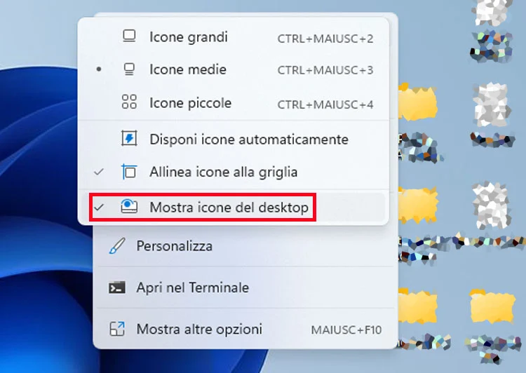 Come nascondere icone del Desktop in Windows 11.