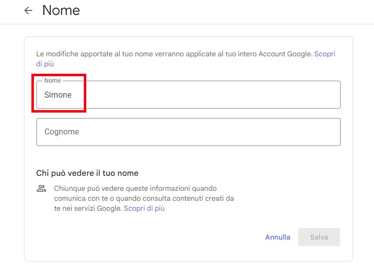 Cambiare nome account google.