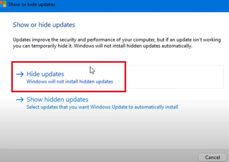 Come usare Show or hide updates.