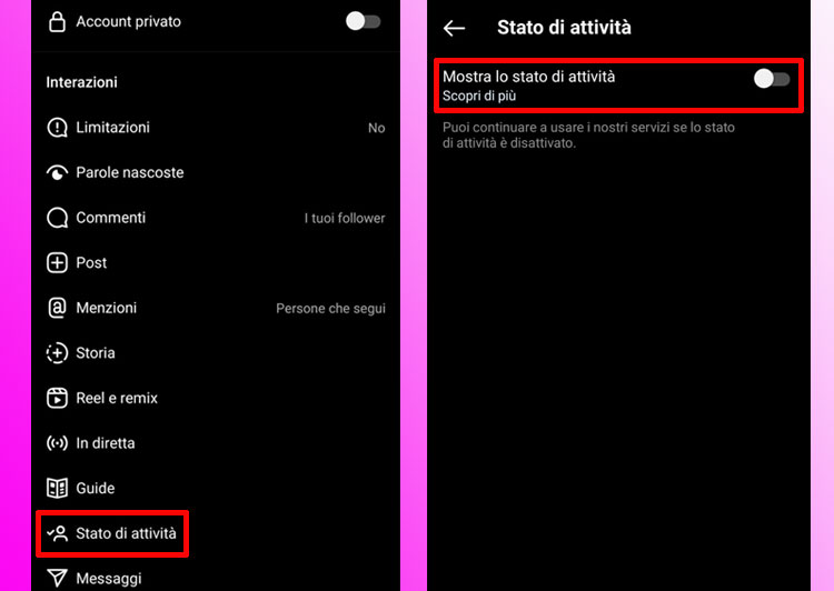 Disattivare stato su Instagram.