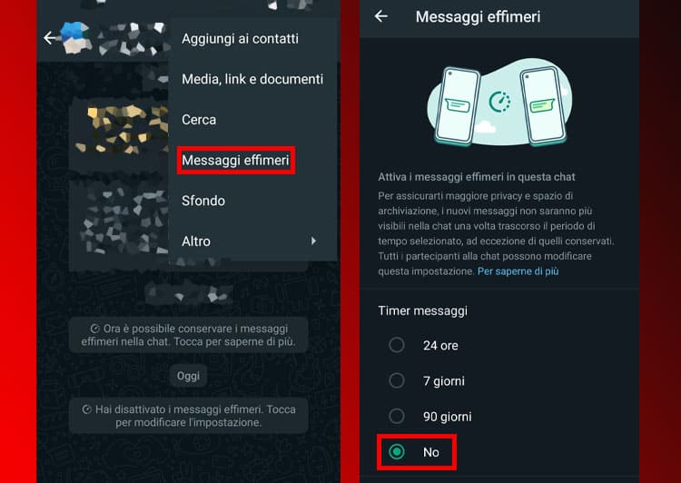 Disattivare messaggi effimeri su WhatsApp.