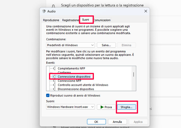 Come cambiare il suono della connessione usb.