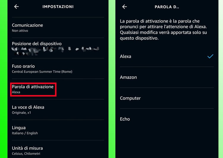 Cambiare la parola di attivazione di Alexa.