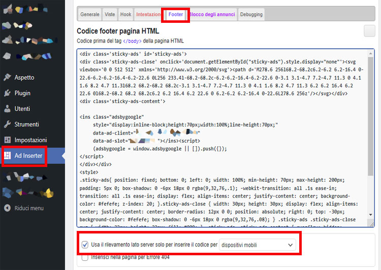 Inserire Sticky Ad AdSense sul Footer con Ad Inserter.