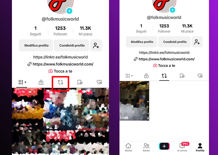 Dove posso trovare i repost di tiktok.